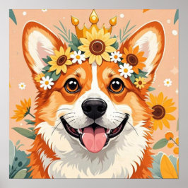 Vrolijke corgi hond kroon van madeliefjes en zonne poster