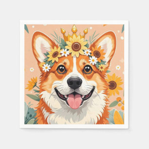 Vrolijke corgi hond kroon van madeliefjes en zonne servet