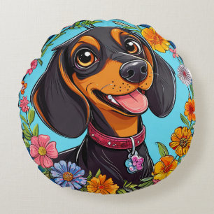Vrolijke Dachshund Omringd door Kleurrijke Bloemen Rond Kussen