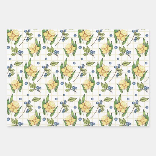 Vrolijke Daffodil Bloem en Blauwe bessen Inpakpapier Vel (Voorkant 2)