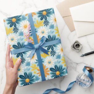 Vrolijke Daisy Garden Blauw Geel Bloemen Patroon Cadeaupapier