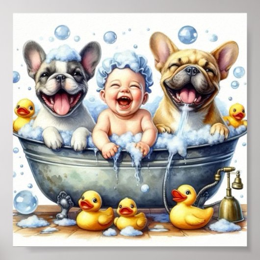 Vrolijke Dog Bath Time Wall Poster (Voorkant)