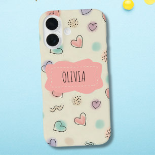 Vrolijke Doodles van Hartjes, Stippen en Golvende  iPhone 16 Hoesje