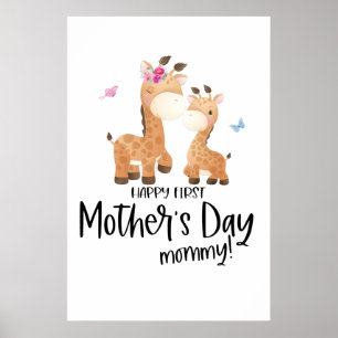 Vrolijke eerste moederdag 🦒 Giraffe + botervliege Poster