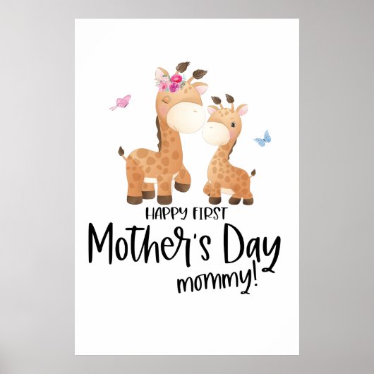 Vrolijke eerste moederdag 🦒 Giraffe + botervliege Poster (Voorkant)