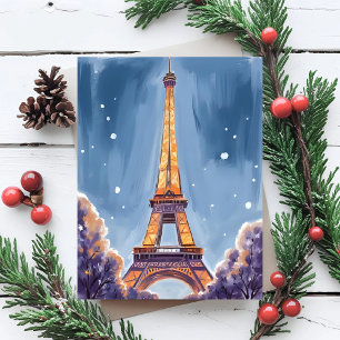 Vrolijke Eiffeltoren Parijs Kerstmis Aquarel Feestdagenkaart
