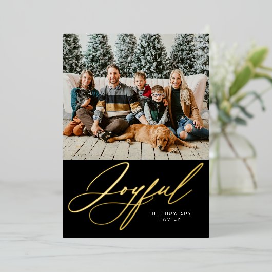 Vrolijke Elegant Gepersonaliseerde Gouden Zwart Fo Folie Feestdagenkaart (Staand Voorkant)