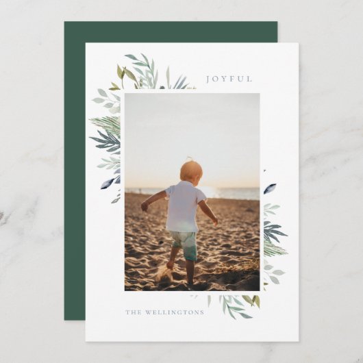 Vrolijke Elegant Winter gebladerte Single Photo Feestdagenkaart (Voorkant / Achterkant)