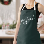 Vrolijke Elegante Witte Kalligrafie Donkergroen Schort<br><div class="desc">Vrolijk Elegant Wit Kalligrafie Donkergroen met witte bandjes.</div>