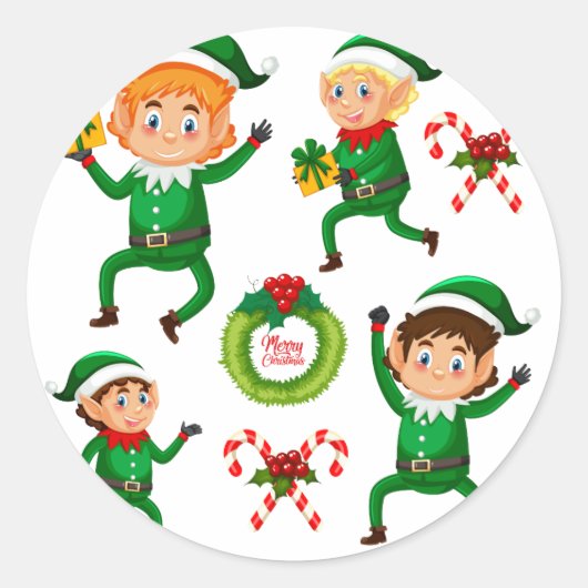 Vrolijke Elf met cadeaupatroon Ronde Sticker (Voorkant)