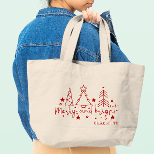 Vrolijke en heldere feestelijke kerstbomen naam grote tote bag