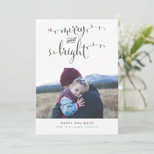 Vrolijke en heldere kerstverlichting Fotokaarten Feestdagenkaart (Staand voorkant)