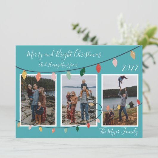 Vrolijke en heldere kerstverlichting Turquoise Fot Feestdagenkaart (Staand voorkant)