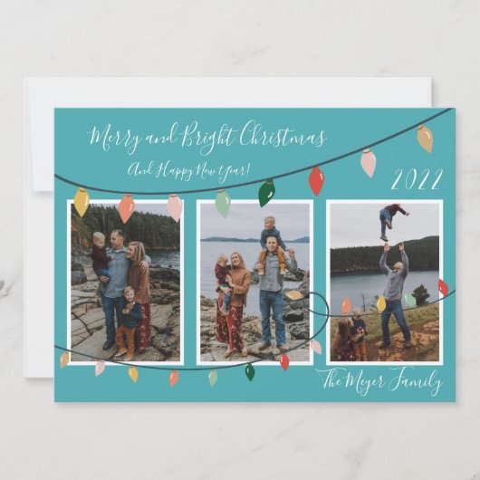 Vrolijke en heldere kerstverlichting Turquoise Fot Feestdagenkaart (Voorkant)