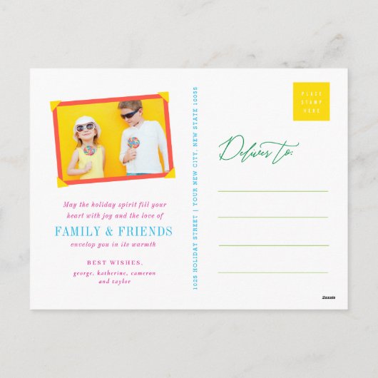 Vrolijke en heldere kleurrijke kerstbomen lichten feestdagenkaart (Achterkant)