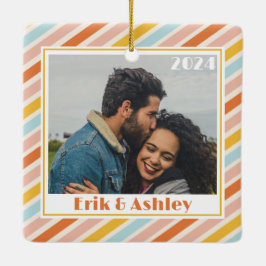 Vrolijke en heldere kleurrijke strepen Foto Kerstm Keramisch Ornament