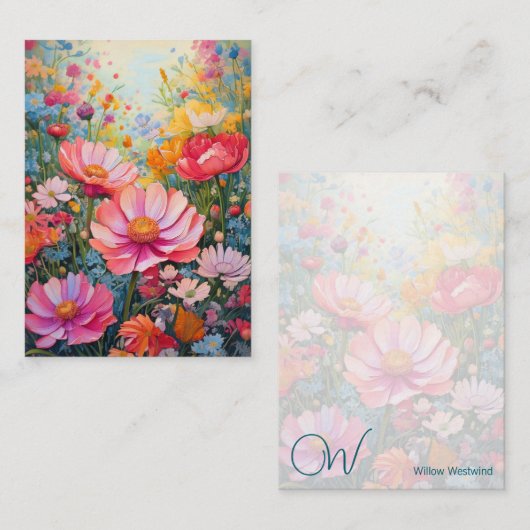 Vrolijke Fantasy Bloem Roze Tuin Monogram Notitiekaartje (Voorkant / Achterkant)