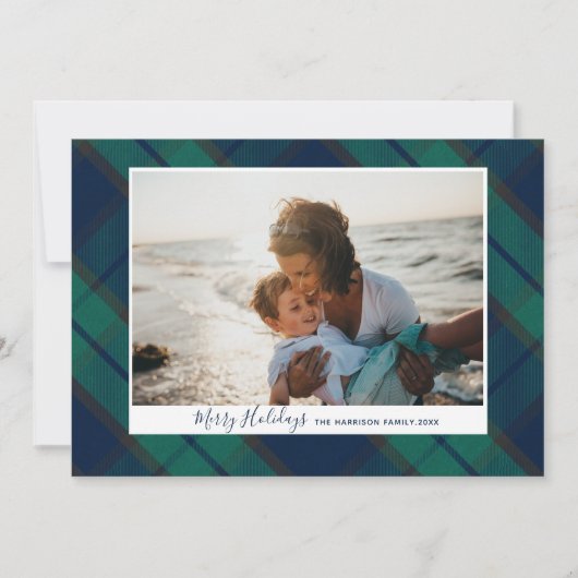 Vrolijke Feestdagen Foto Zwart horloge Tartan Plai Feestdagenkaart (Voorkant)
