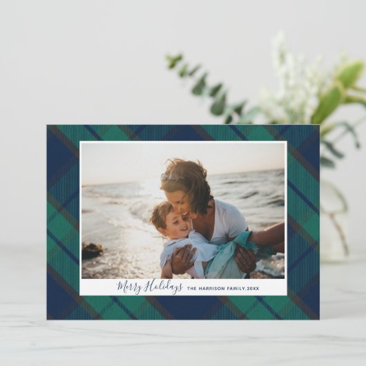 Vrolijke Feestdagen Foto Zwart horloge Tartan Plai Feestdagenkaart (Staand voorkant)