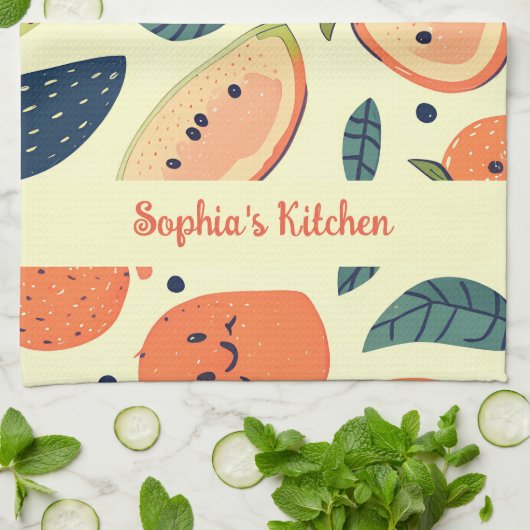 Vrolijke Fruit Karakters in Waterverf Theedoek (Gevouwen)