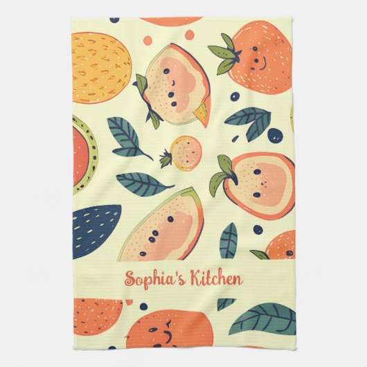 Vrolijke Fruit Karakters in Waterverf Theedoek (Verticaal)