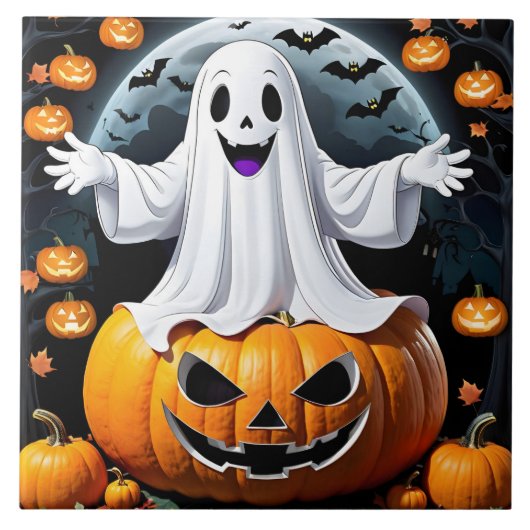 Vrolijke geest onder pompoenen op Halloween-avond Tegeltje (Voorkant)