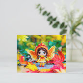 Vrolijke gehaakte pop met herfstbladeren feestdagenkaart (Staand voorkant)