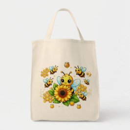 Vrolijke gele bij en zonnebloem tote bag