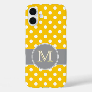 Vrolijke Gele en Grijze Polka Dot Monogram iPhone 16 Plus Hoesje