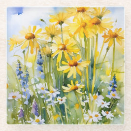 Vrolijke gele madeliefjes, wilde bloemen glazen onderzetter