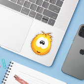 Vrolijke Gele Sneezies Sticker (Laptop met iPhone)