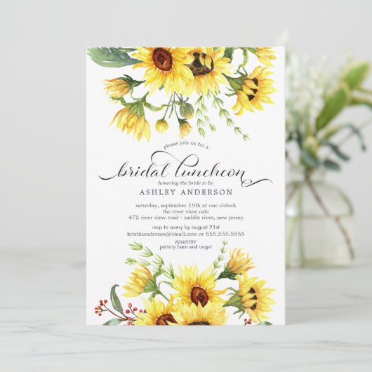 Vrolijke Gele Zonnebloem Bruidslunch Kaart (Staand voorkant)