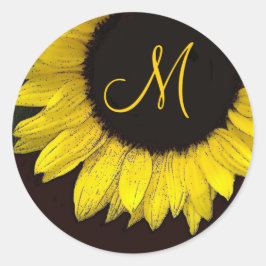 Vrolijke gele zonnebloem bruiloft monogram ronde sticker