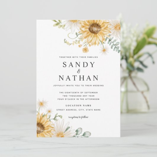 Vrolijke gele zonnebloem bruiloft uitnodiging (Staand voorkant)