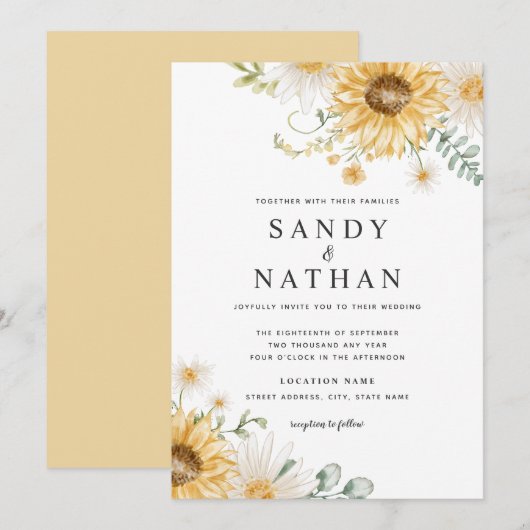 Vrolijke gele zonnebloem bruiloft uitnodiging (Voorkant / Achterkant)