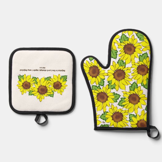 Vrolijke gele Zonnebloem Schrift Keuken Ovenwant & Pannenlap Set (Voorkant)