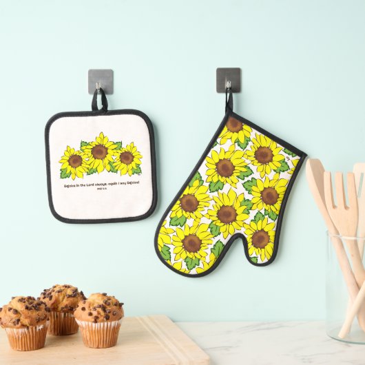 Vrolijke gele Zonnebloem Schrift Keuken Ovenwant & Pannenlap Set (Insitu(Ophanging))