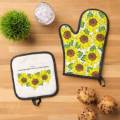 Vrolijke gele Zonnebloem Schrift Keuken Ovenwant & Pannenlap Set (Top down)