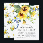 Vrolijke gele zonnebloemen Sweet Sixteen Party Kaart<br><div class="desc">Modern & Trendy zoete zestien Uitnodiging met prachtige gele zonnebloemen & daisy bloemenboeket. Stijlvolle & chique zoete zestien partij uitnodiging.</div>