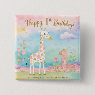 Vrolijke Giraffe Eerste Verjaardag Wonder Vierkante Button 5,1 Cm