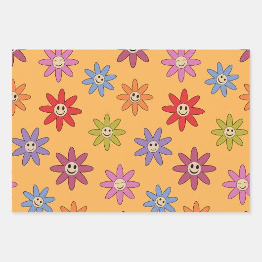 Vrolijke glimlachende kleurrijke bloemetjes op sin inpakpapier vel (Voorkant 3)