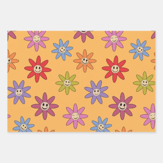 Vrolijke glimlachende kleurrijke bloemetjes op sin inpakpapier vel (Voorkant)