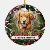 Vrolijke Golden Retriever, gepersonaliseerde kerst Keramisch Ornament (Voorkant)