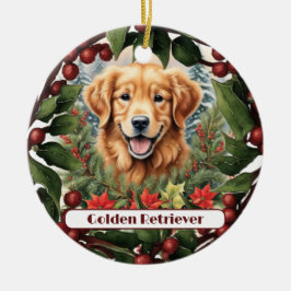 Vrolijke Golden Retriever, gepersonaliseerde kerst Keramisch Ornament
