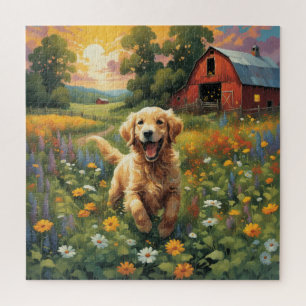 Vrolijke Golden Retriever stoeien op de ranch Legpuzzel