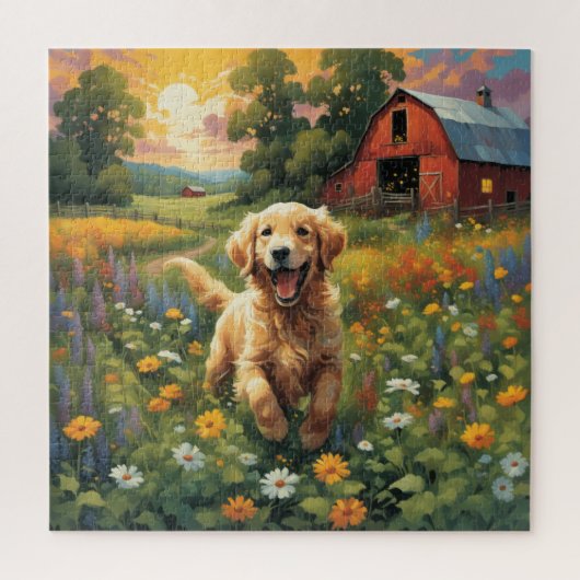 Vrolijke Golden Retriever stoeien op de ranch Legpuzzel (Verticaal)