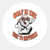 Vrolijke golfbal mascotte ronde sticker (Voorkant)