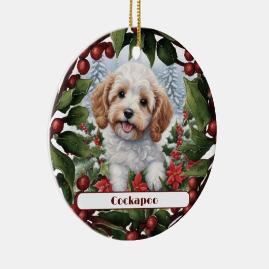Vrolijke Gouden Cockapoo Puppy Aangepaste Kerstmis Keramisch Ornament (Rechts)