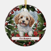 Vrolijke Gouden Cockapoo Puppy Aangepaste Kerstmis Keramisch Ornament (Voorkant)