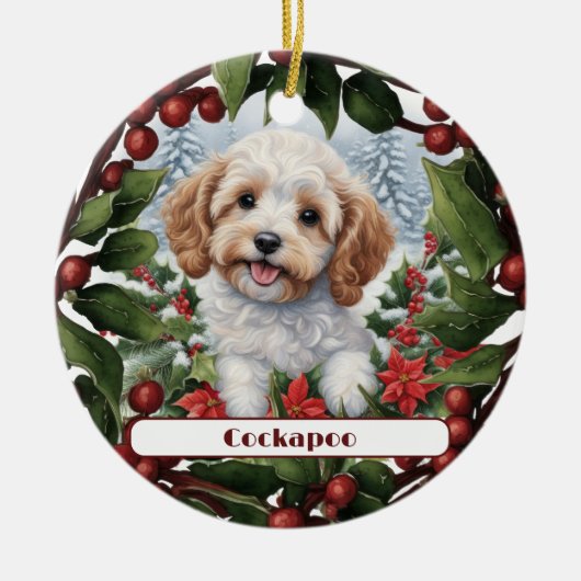 Vrolijke Gouden Cockapoo Puppy Aangepaste Kerstmis Keramisch Ornament (Voorkant)